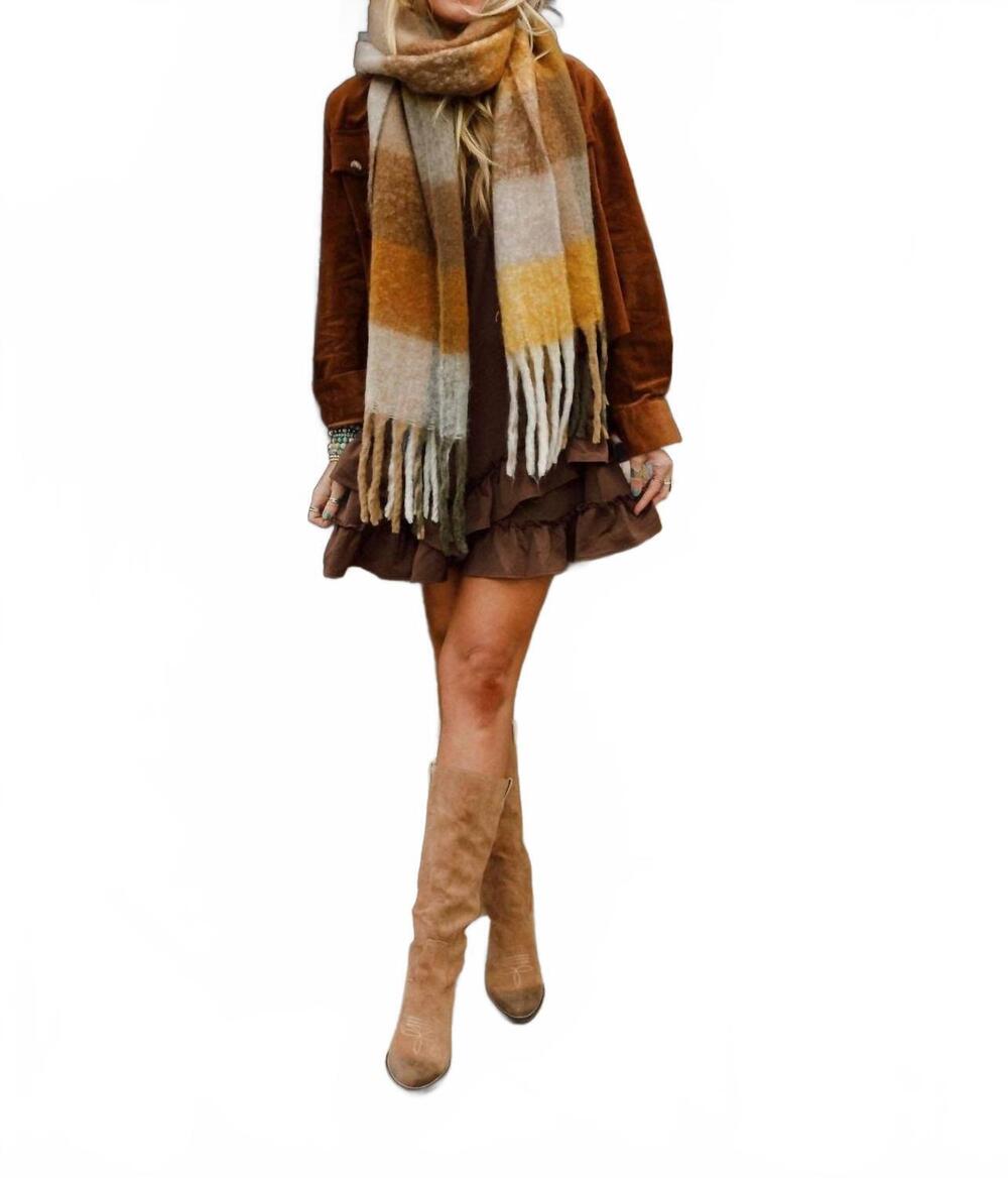 NEW THREE BIRD NEST women's everest plaid tassel scarf in mustard